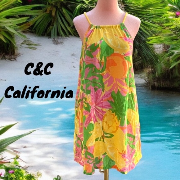 C&C CALIFORNIA NWT WOMENS SUMMER DRESS SWIM COVER UP BRIGHT TROPICAL LINEN MED - Picture 1 of 8
